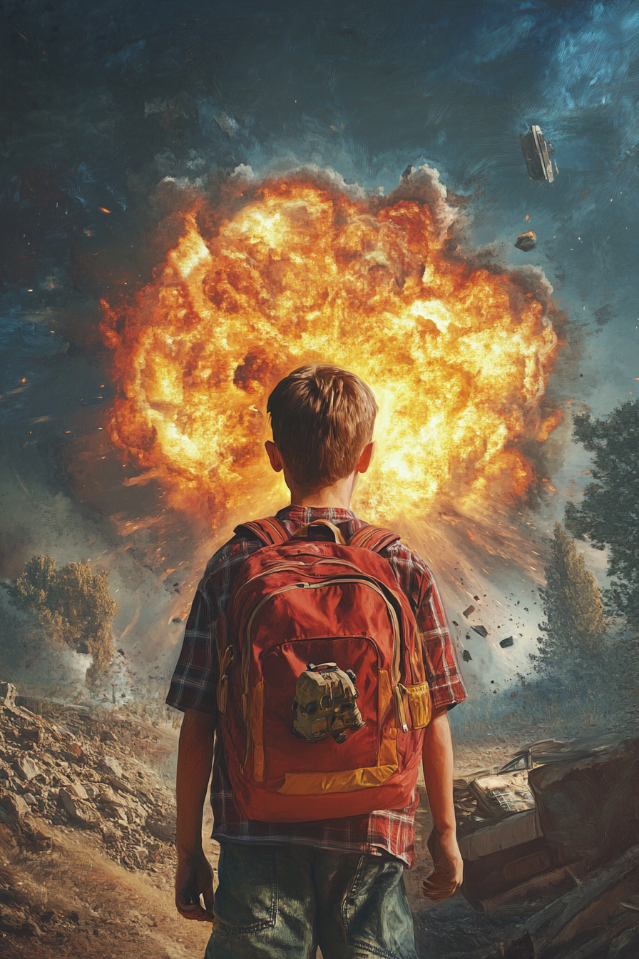 A teenage boy in post-apocalyptic nuclear scene