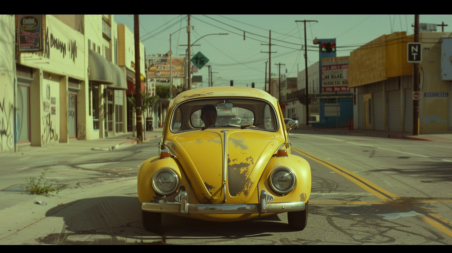 A teenage girl driver in vintage yellow VW.