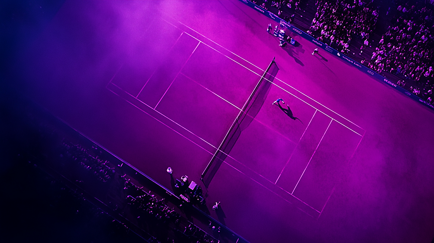 A tennis match with spectators under purple sky