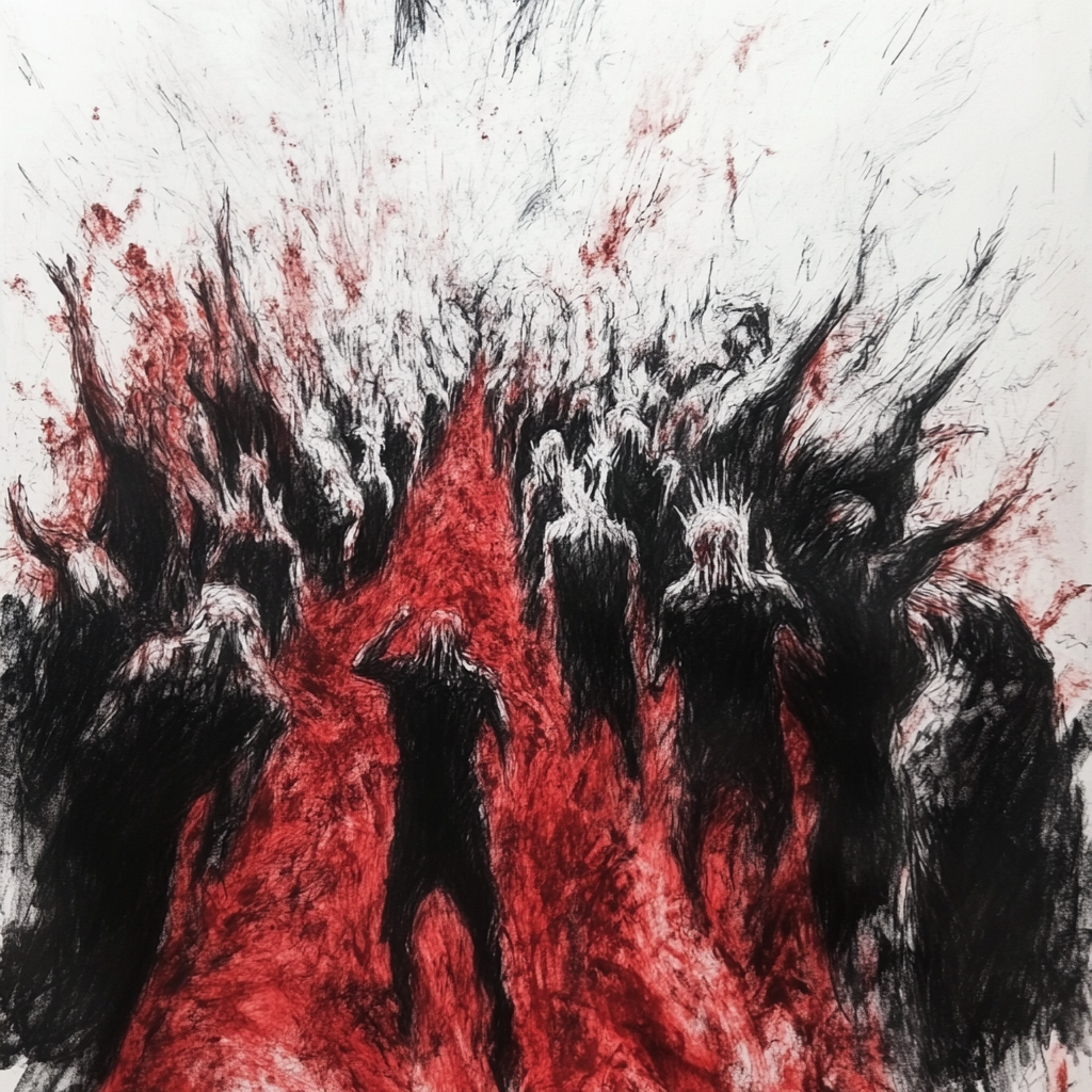 A terrifying charcoal drawing of endless screaming pit.