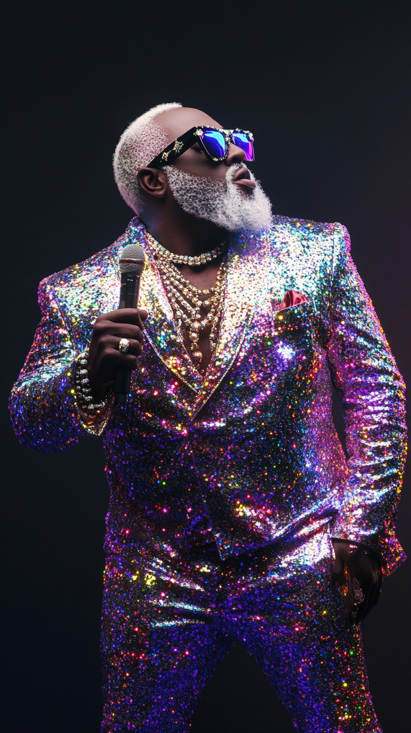 A tiny P Diddy in a sparkly suit.