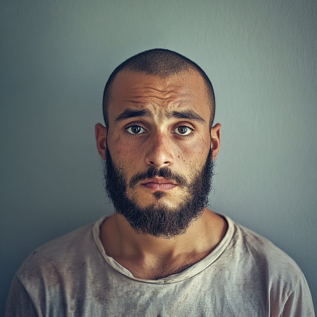 A tired, bald French man in front of wall.