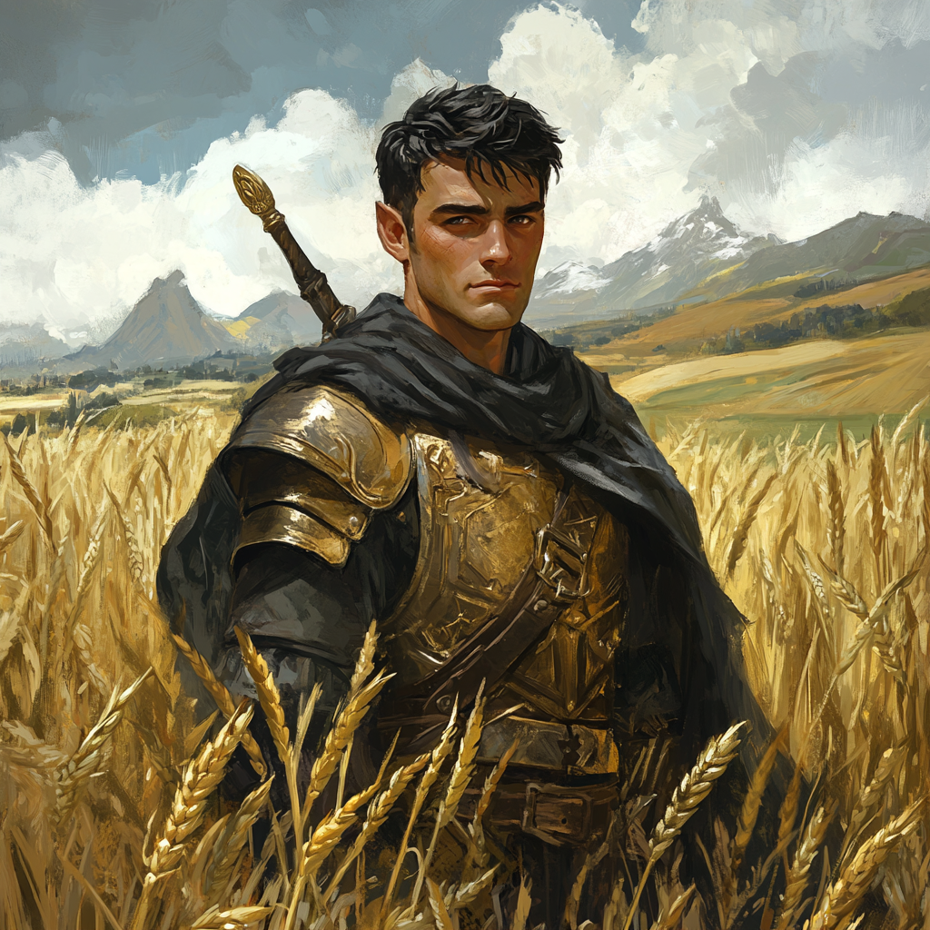 A tired, ugly elvish soldier in wheat field