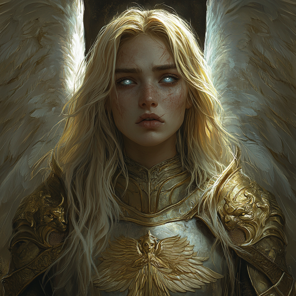 A tired and scarred angel in golden lion armor.