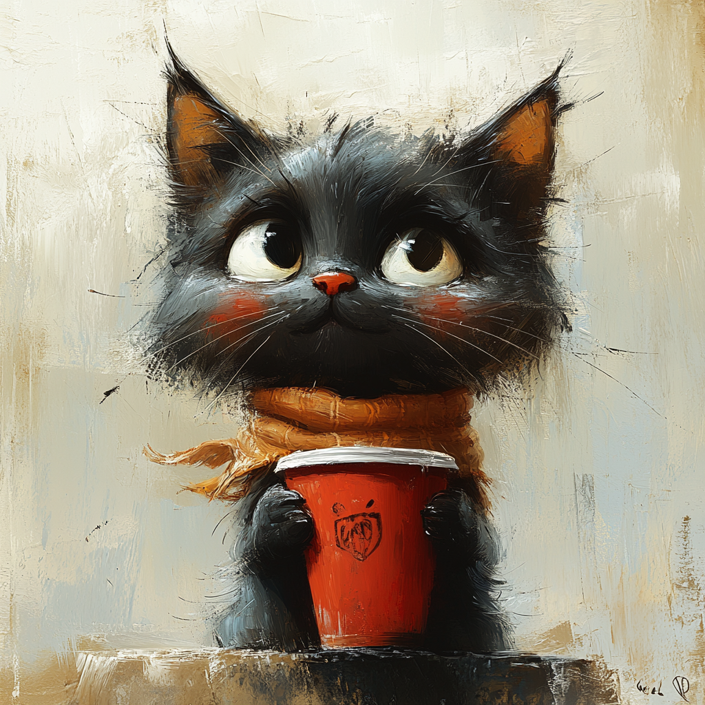 A tired cat in colorful caricature style holding coffee.