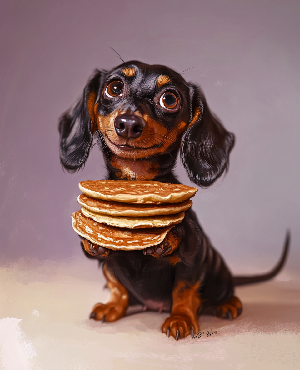 Dachshund holding pancake in caricature style