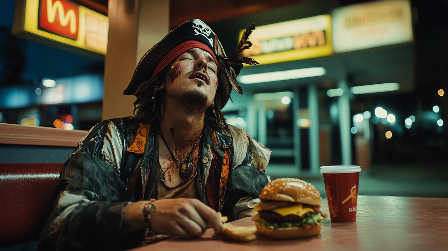 A tired man in pirate costume eats happily