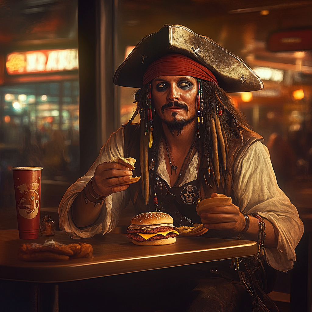 A tired pirate enjoying a burger at Burger King