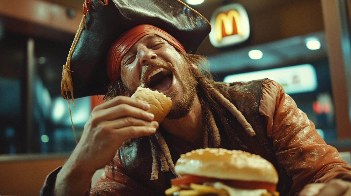 A tired pirate enjoys late-night burger party