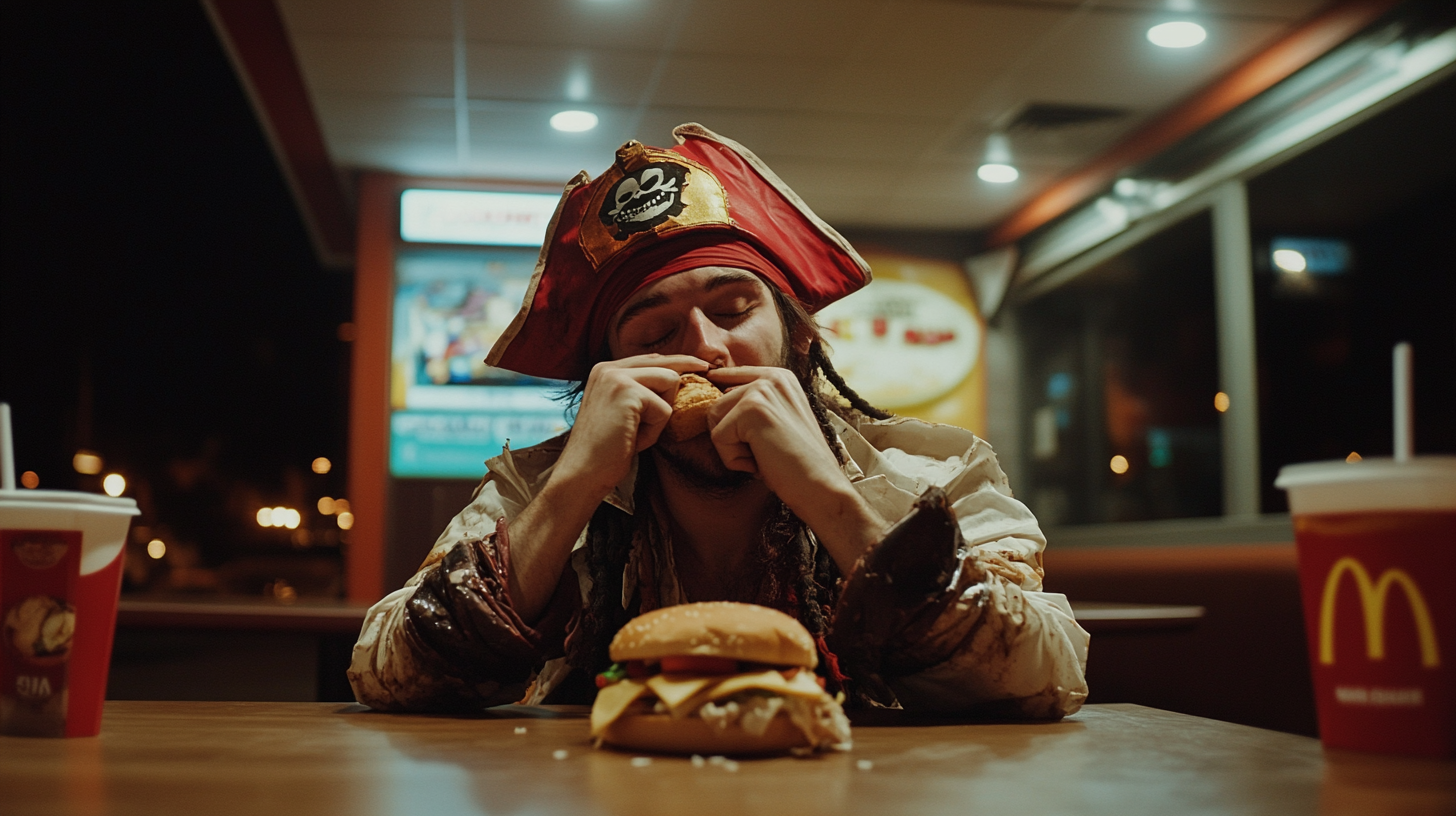 A tired young man in pirate Halloween costume