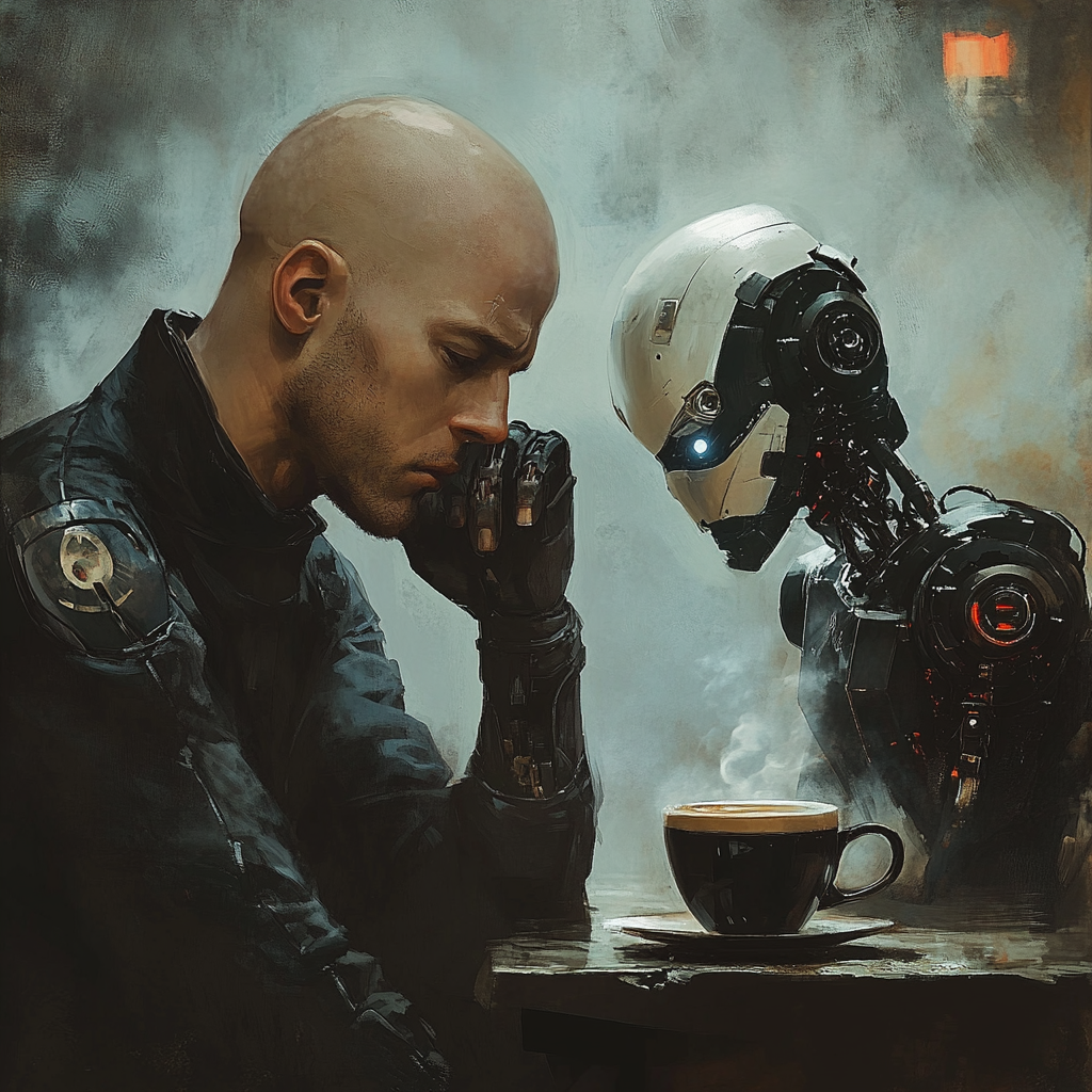 A tired young man surrounded by coffee, next to energetic robot.