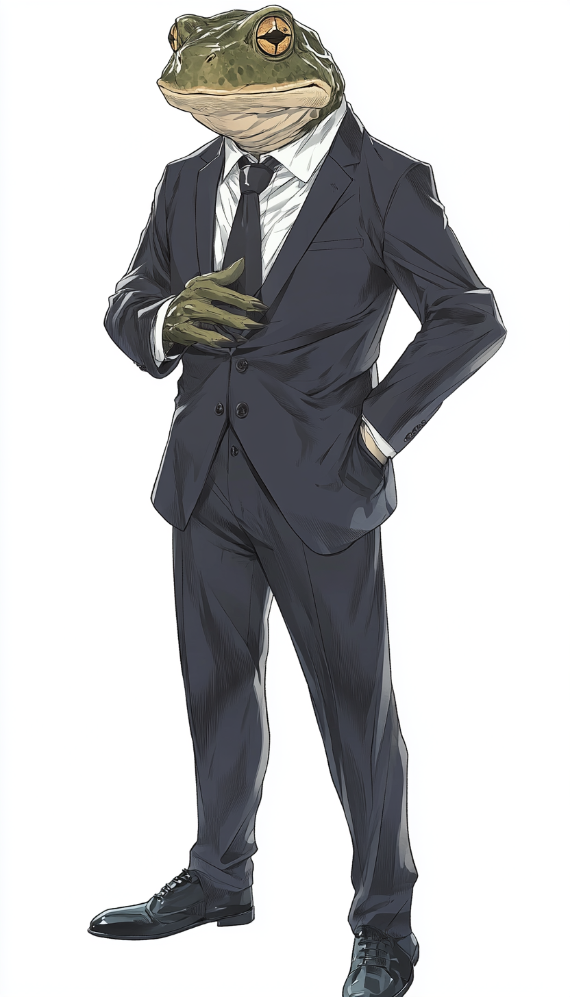 A toad-headed man in a suit. White background.