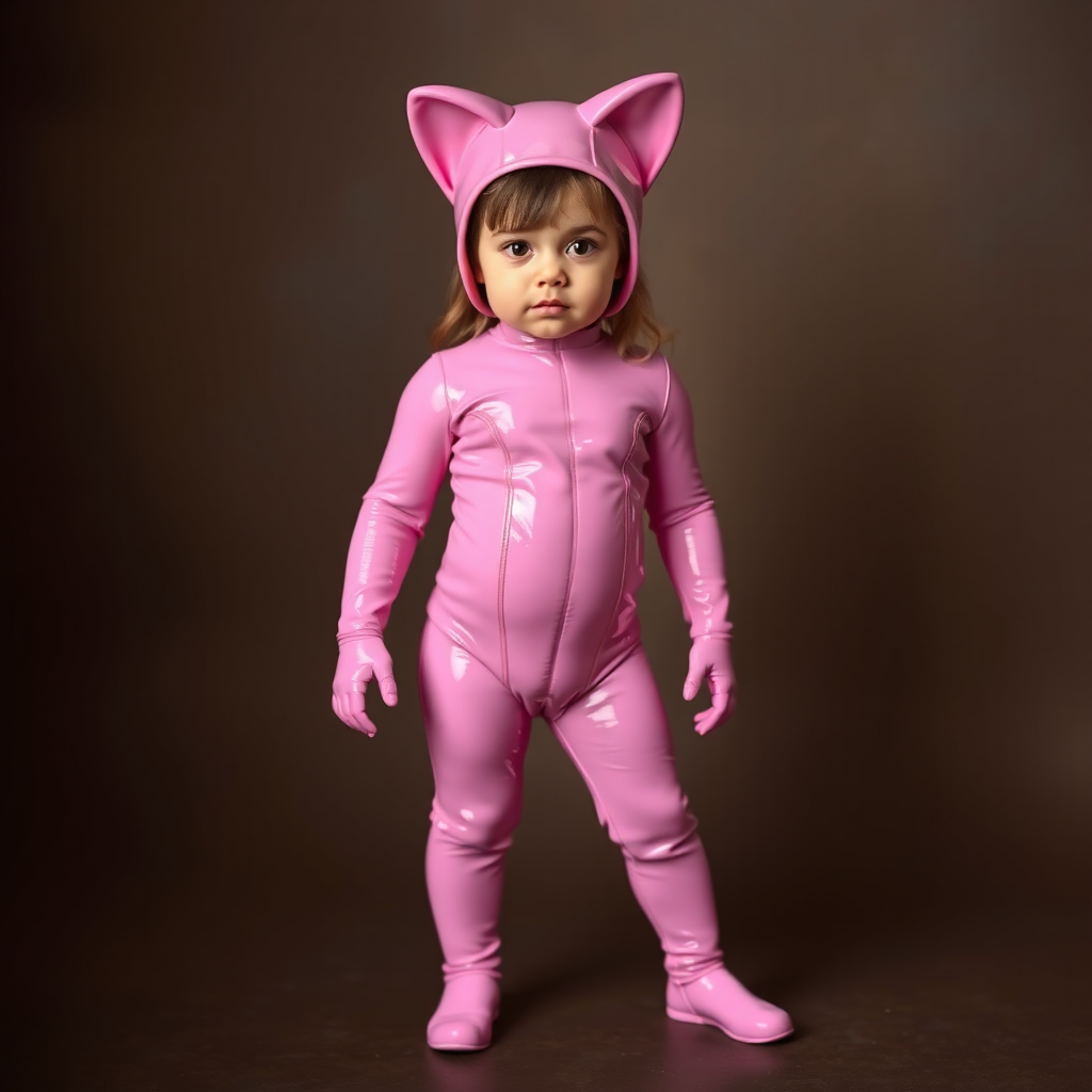 A toddler girl in a pink catsuit outfit.