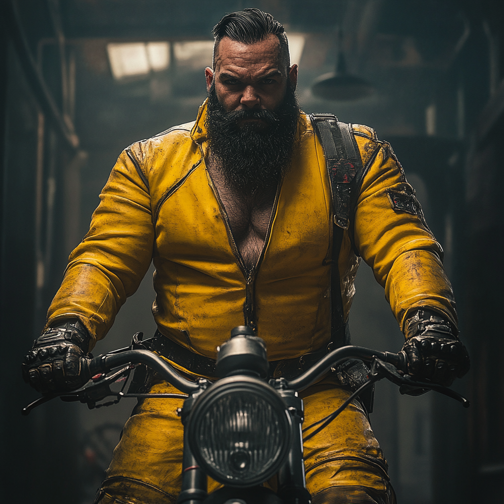 A tough biker in yellow Santa suit.