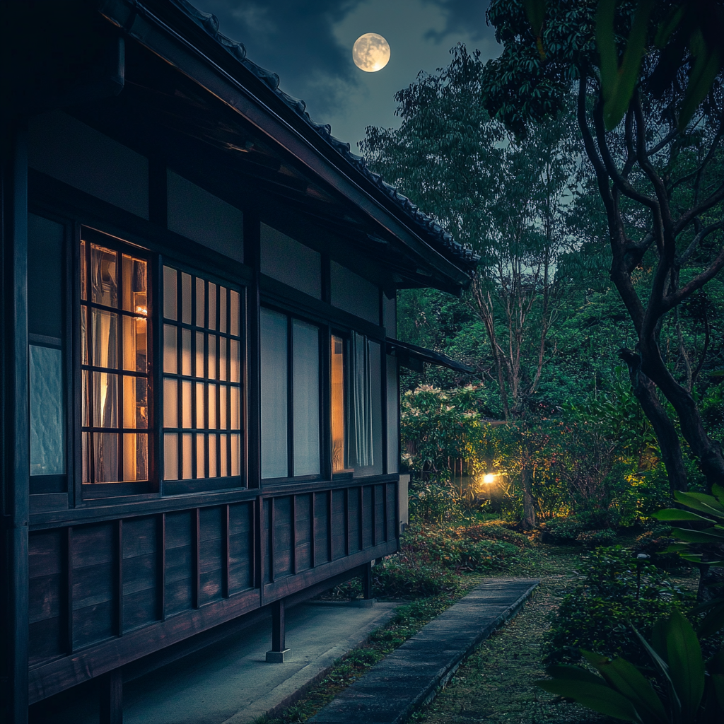 A traditional Japanese house under soft moonlight.