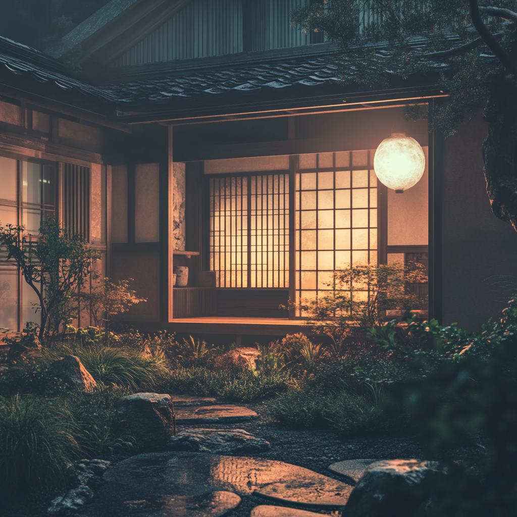 A traditional Japanese house with a moonlit garden.