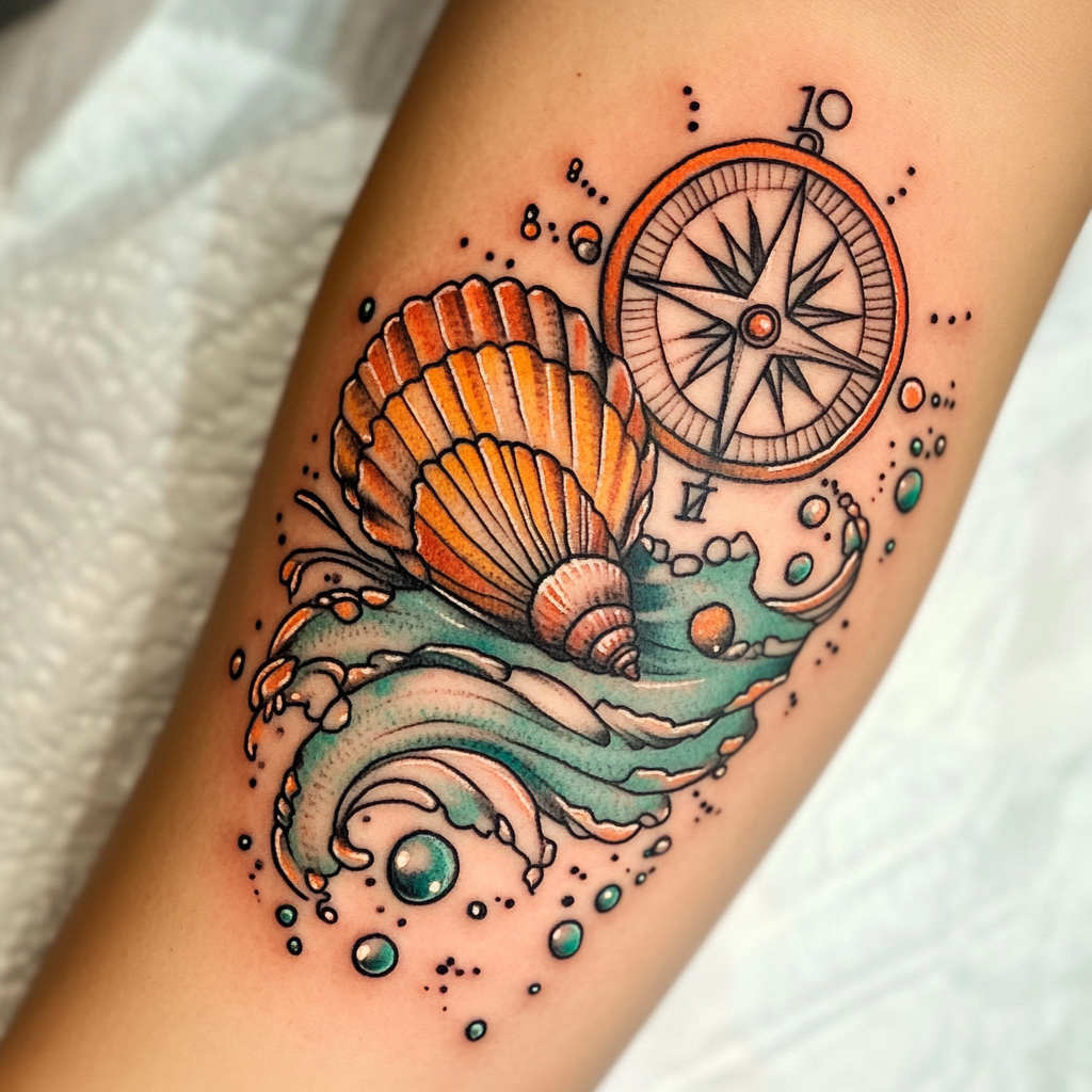 A traditional ocean-themed tattoo with compass and seashell.