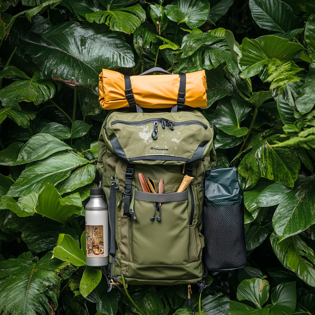 A traveler's bag filled with essentials in Jeju forest.