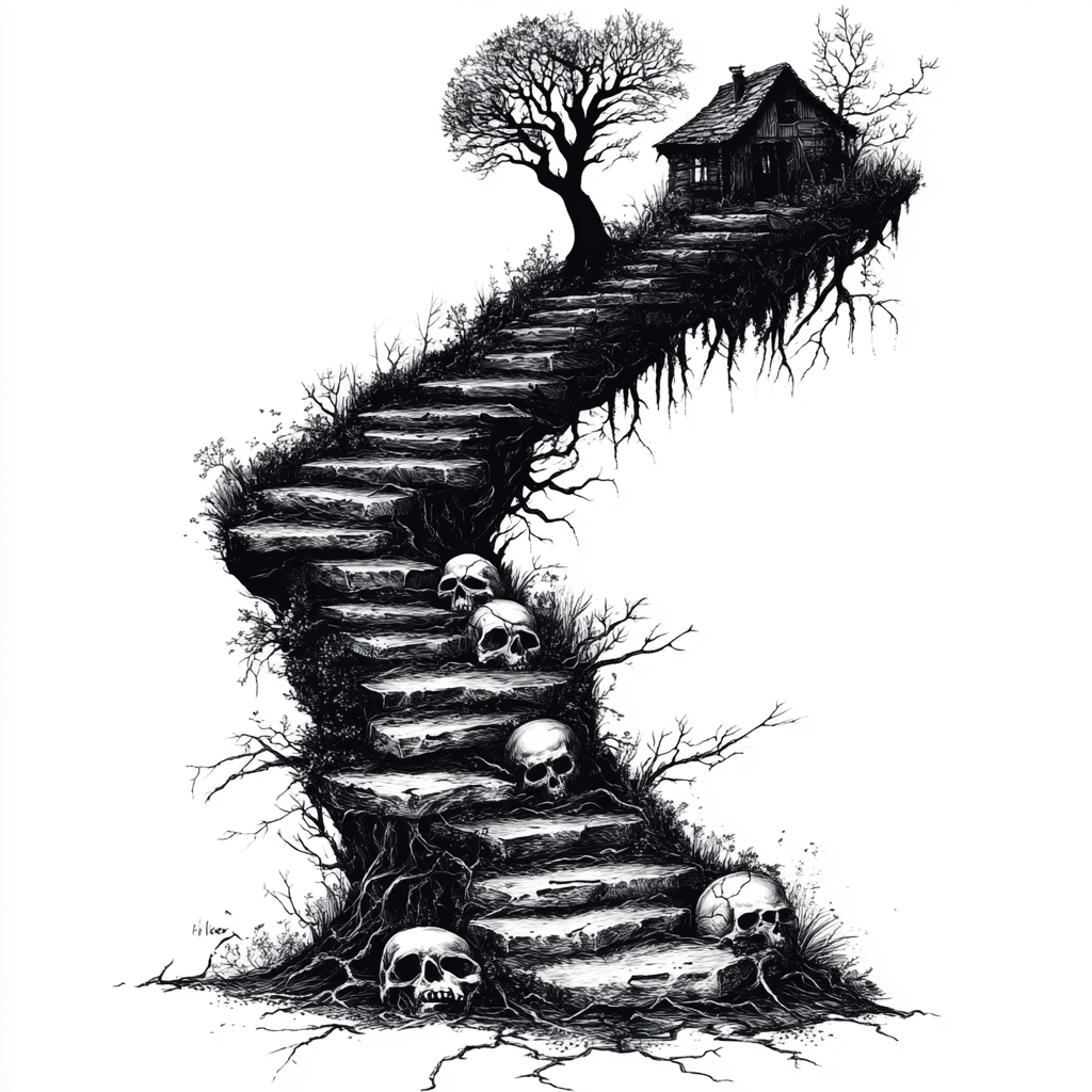 A treacherous staircase leads to forest and cave.