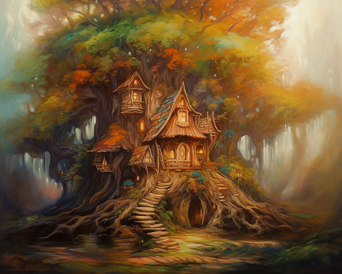 A tree house in enchanted forest like painting.