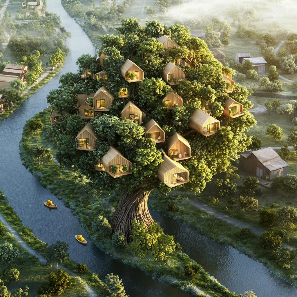 A tree-shaped village with wooden houses hanging from branches.