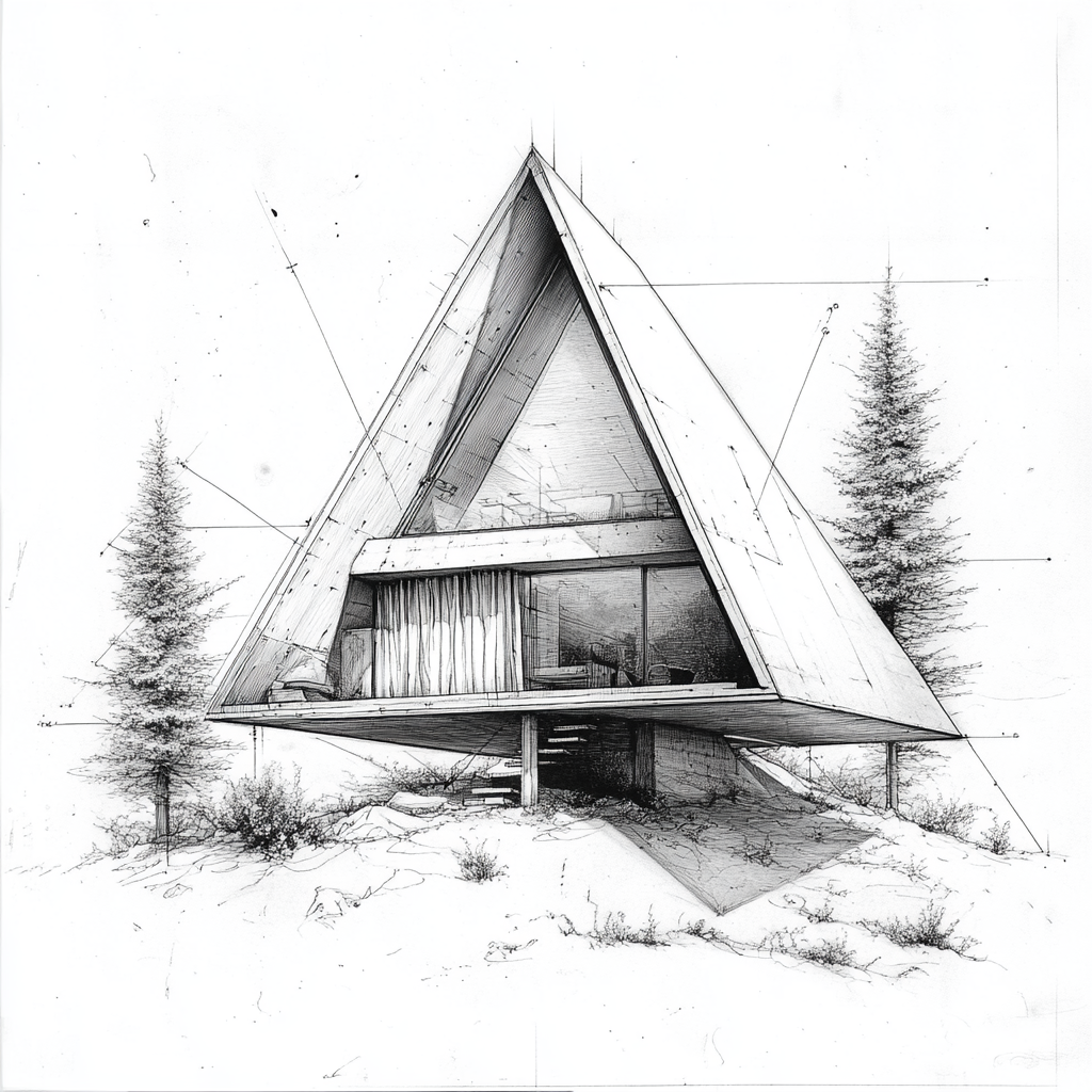 A triangle cabin with window curtains and mountain view.