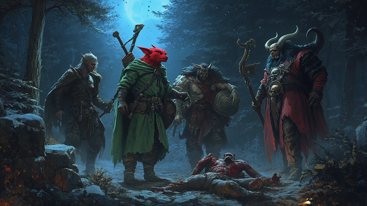 A trio of heroes looting orc corpses in forest.