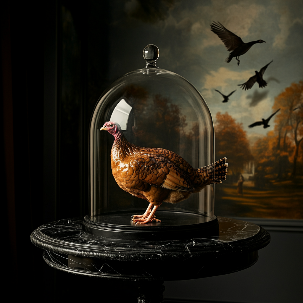 A turkey under glass dome on marble table.