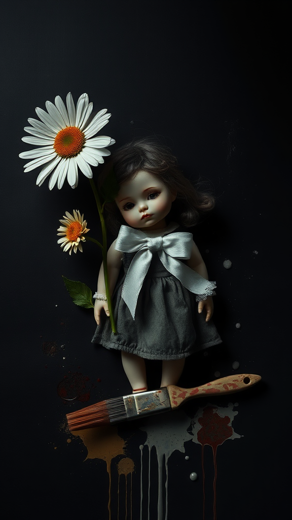 A twisted daisy and flower, broken doll, paint splatters.