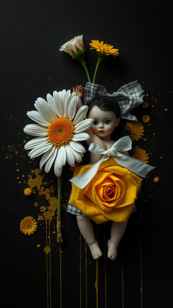 A twisted daisy and yellow rose with broken doll.