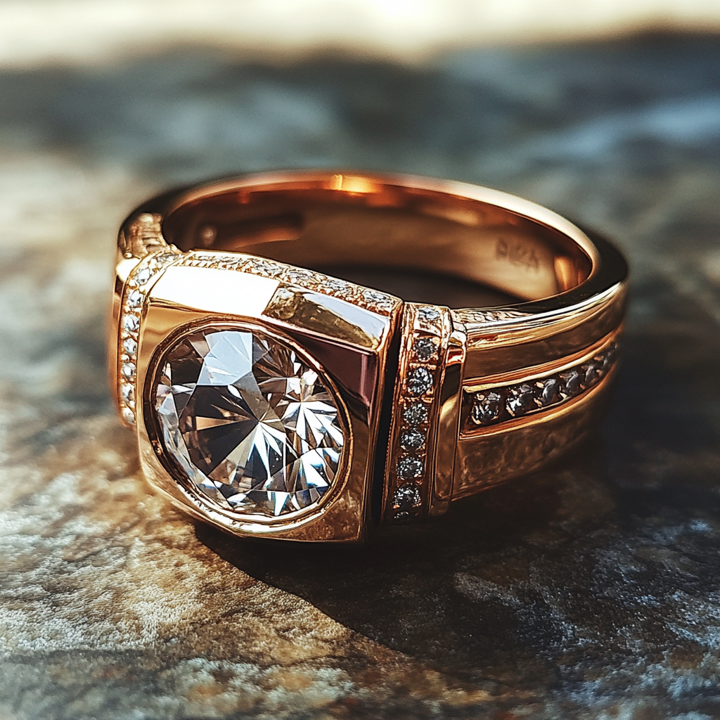 A unique, strong, rose gold ring with a diamond