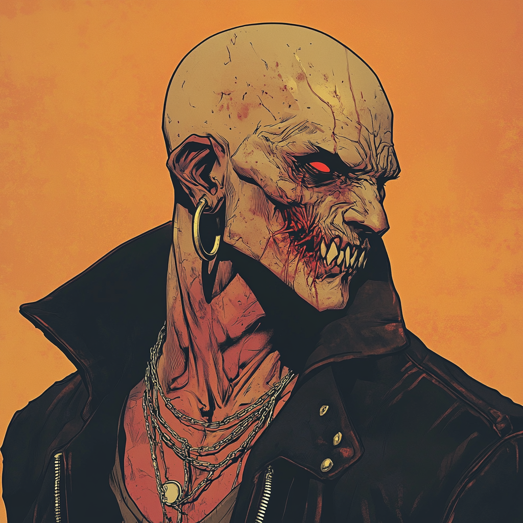 A vampire with bald head, pimples, and earrings.