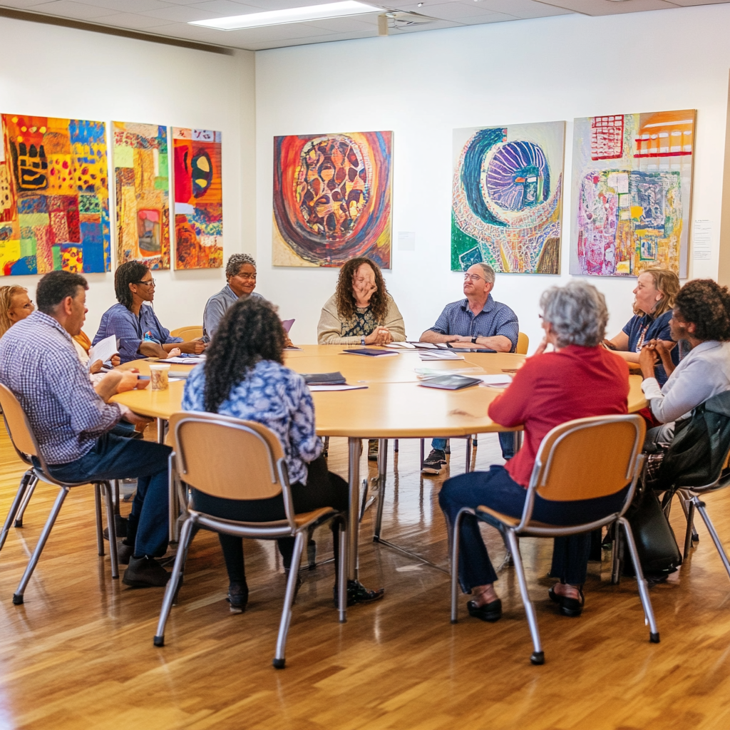 A vibrant, diverse group sharing ideas in community center.