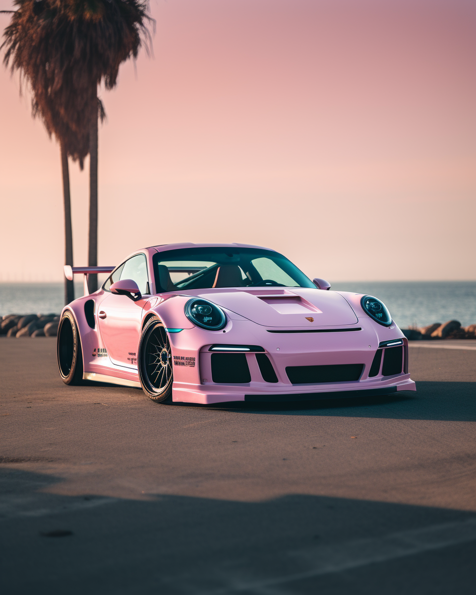 A vibrant, modified white and pink Porsche 992