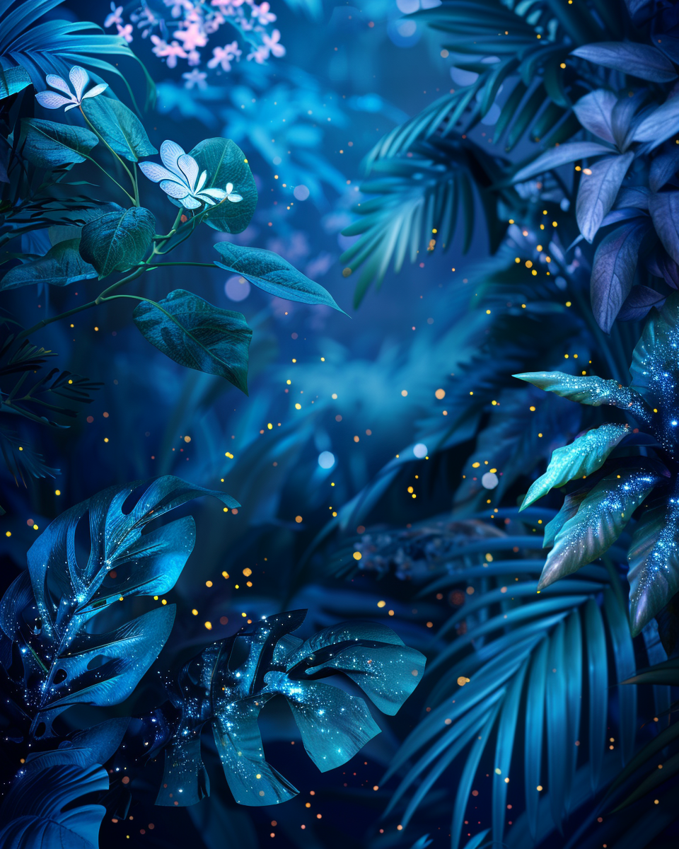 A vibrant blue tropical plant and flower illustration.