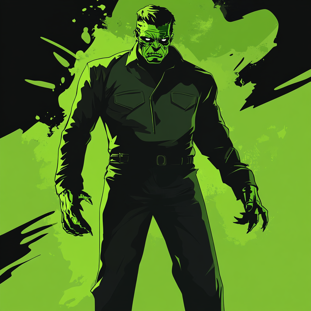 A vibrant green Frankenstein Halloween illustration in comic style