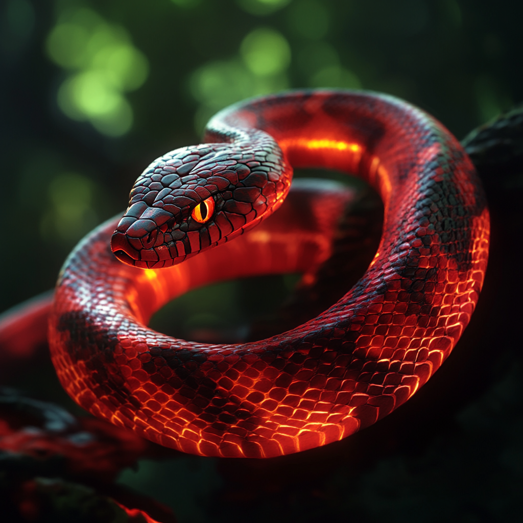 A vibrant red snake slithering in the dark.