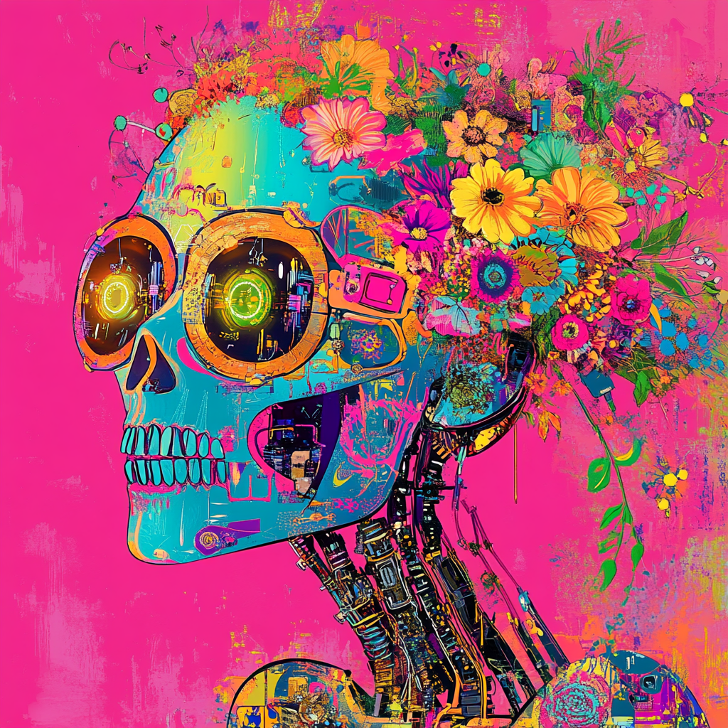 A vibrant robotic Catrina in pop art style