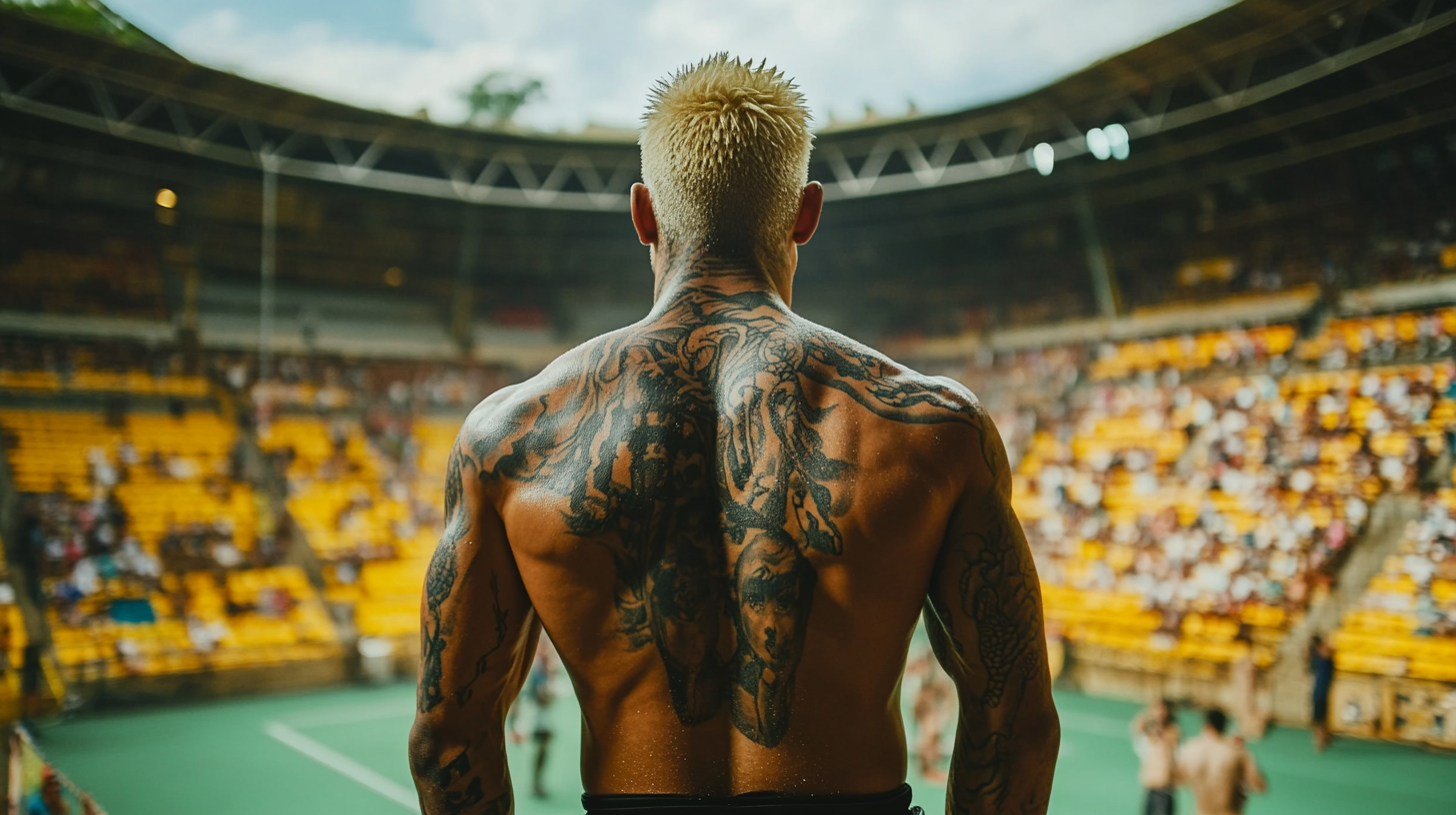 A victorious blonde Thai boxer in Lumpini Stadium