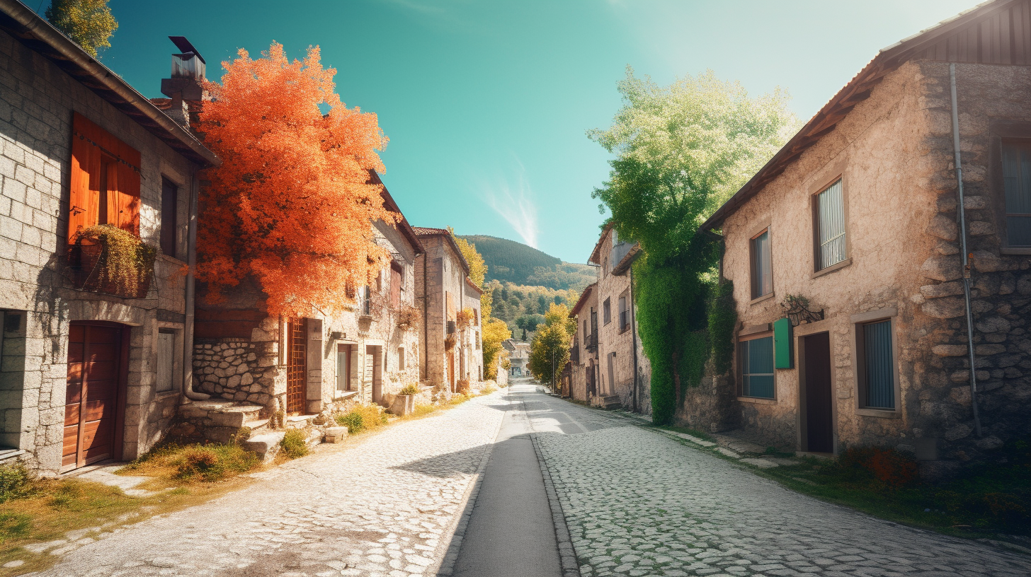 A village and street meeting in vibrant landscape