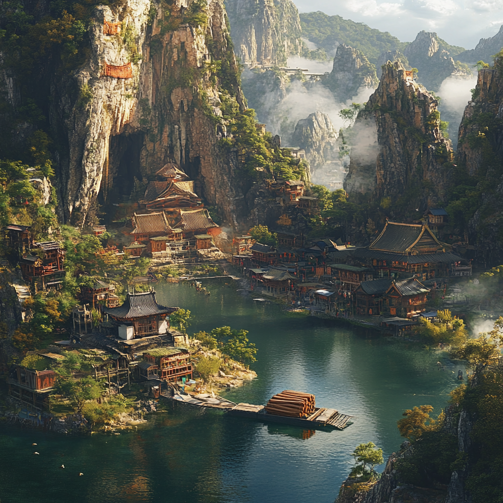 A village in a bowl, temple on a cliff.