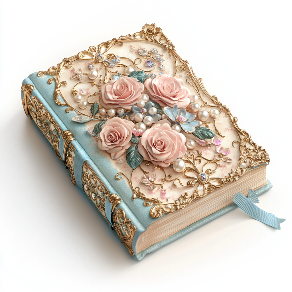 A vintage book with roses and gold details.