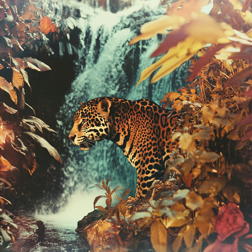 A vintage camera's photo of a jaguar near waterfall