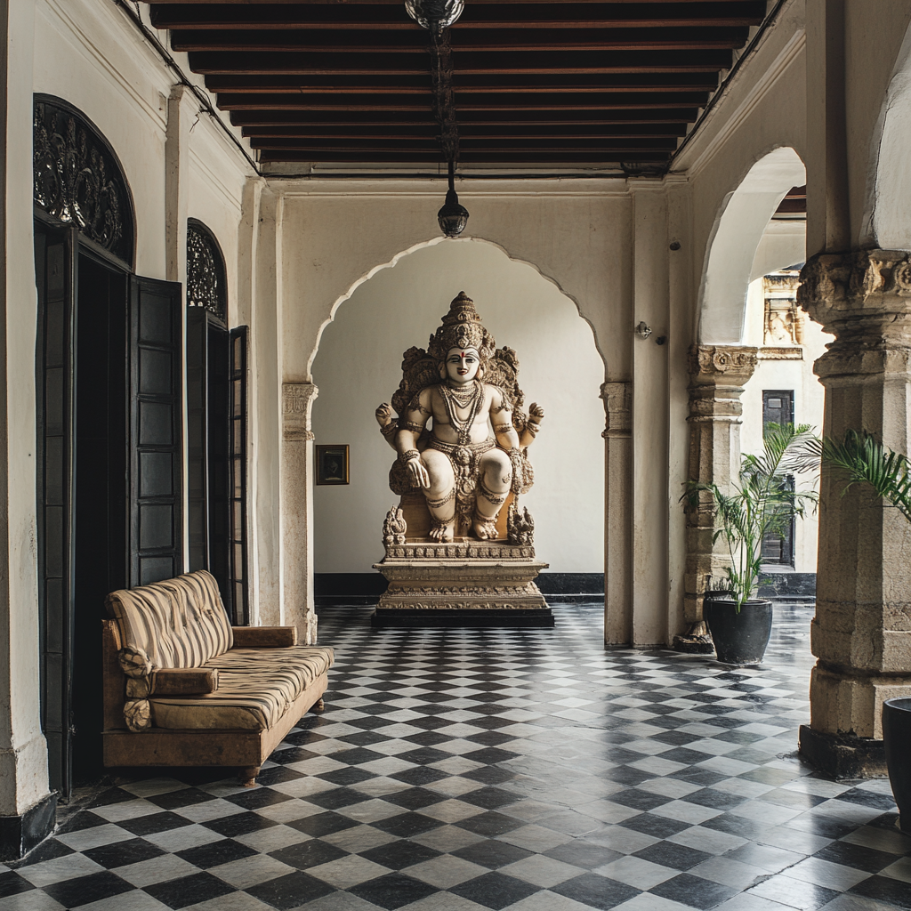 A vintage hall with a Kalabhairava sculpture