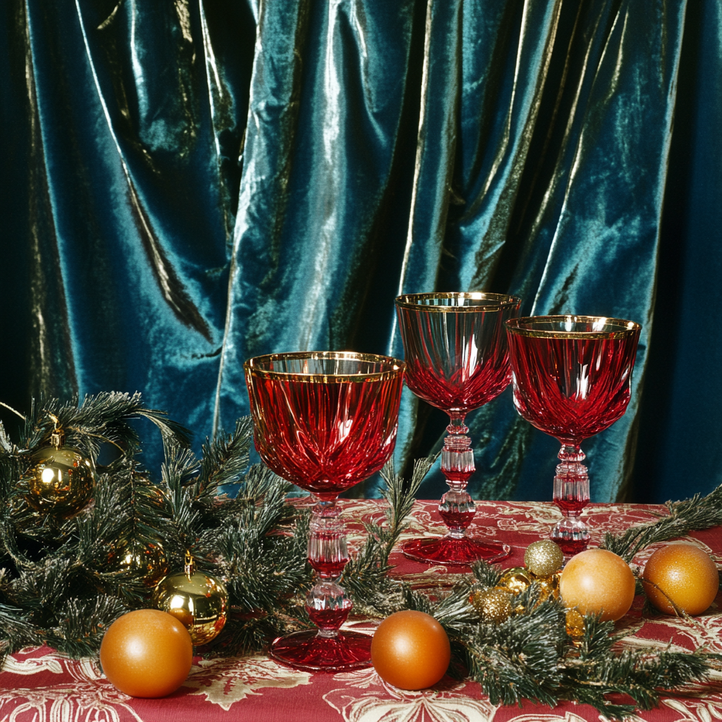 A vintage holiday table setting with red glasses.