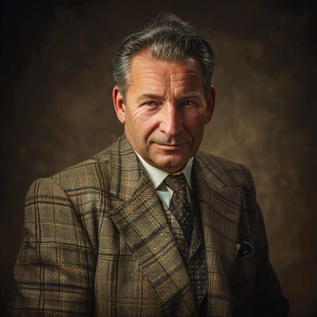 A vintage man in 1940s attire smiles widely.