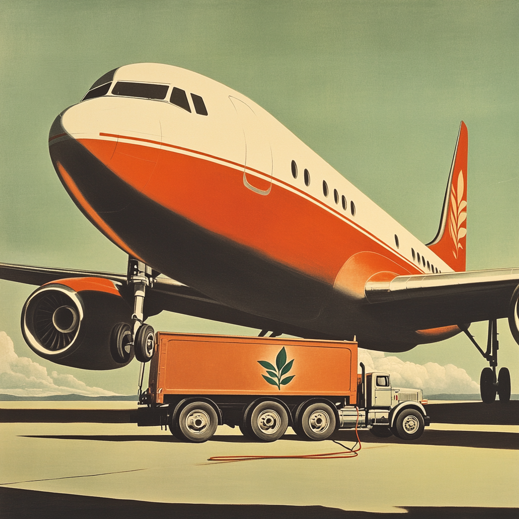 A vintage poster shows airplane getting refueled. Sustainable fuel.