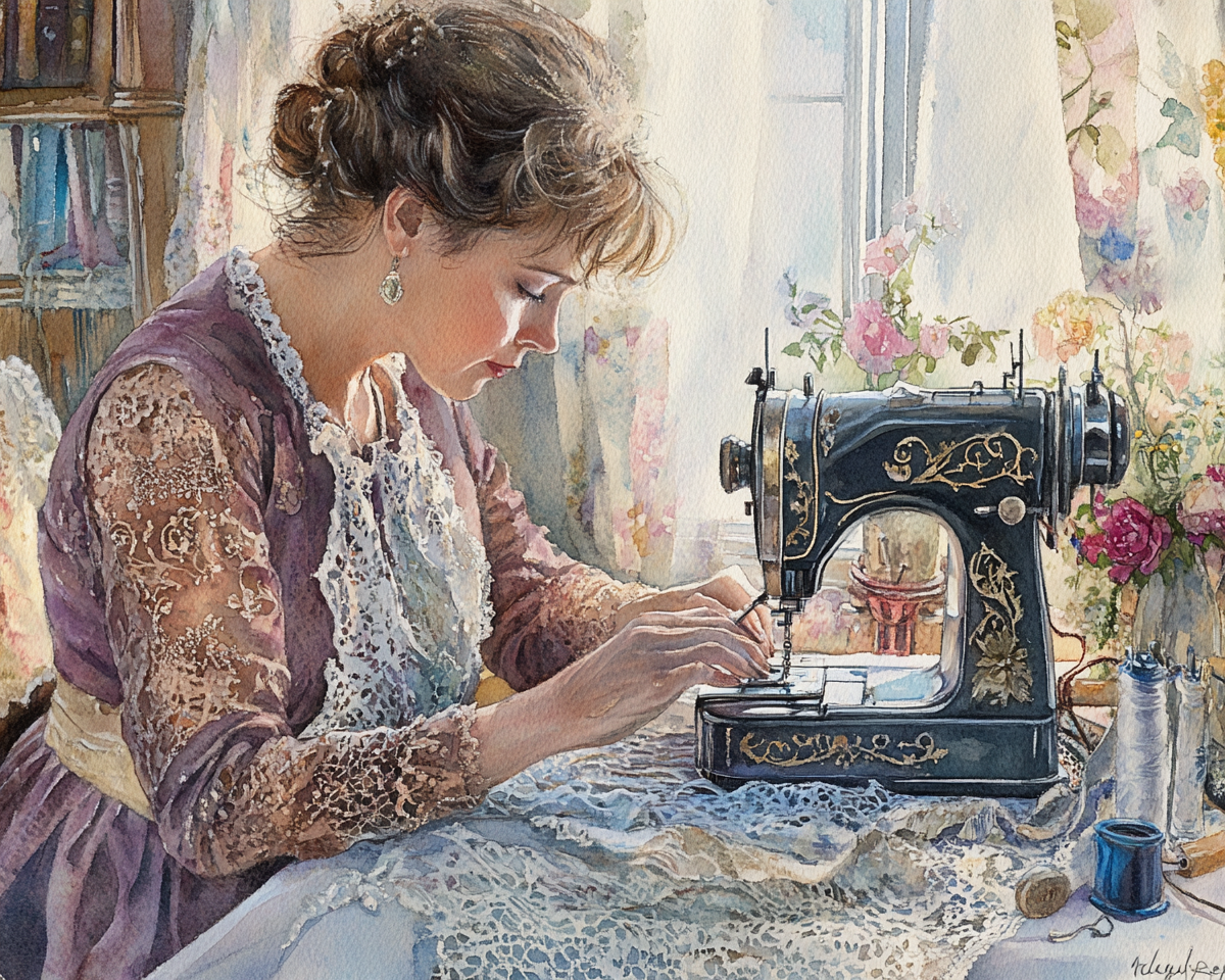 A vintage woman sewing on old machine in home.