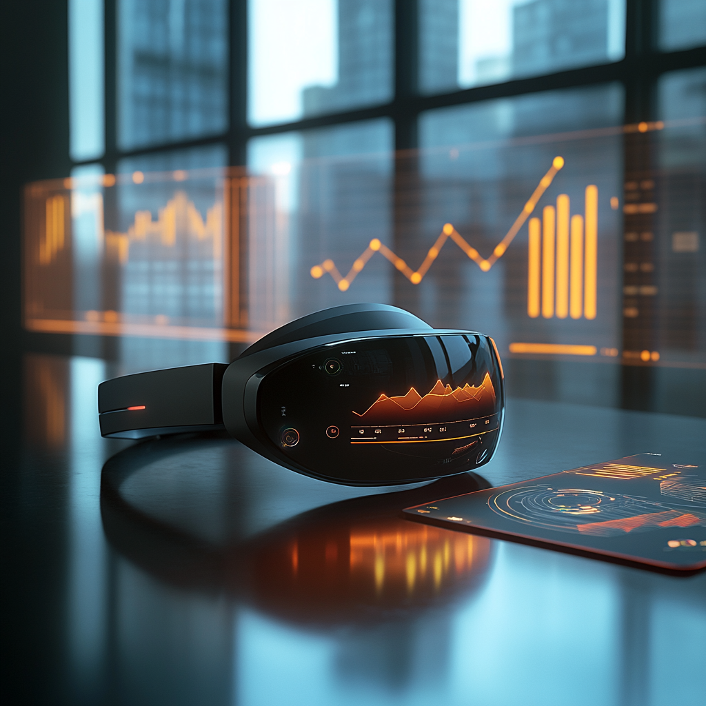 A virtual reality headset on a desk.