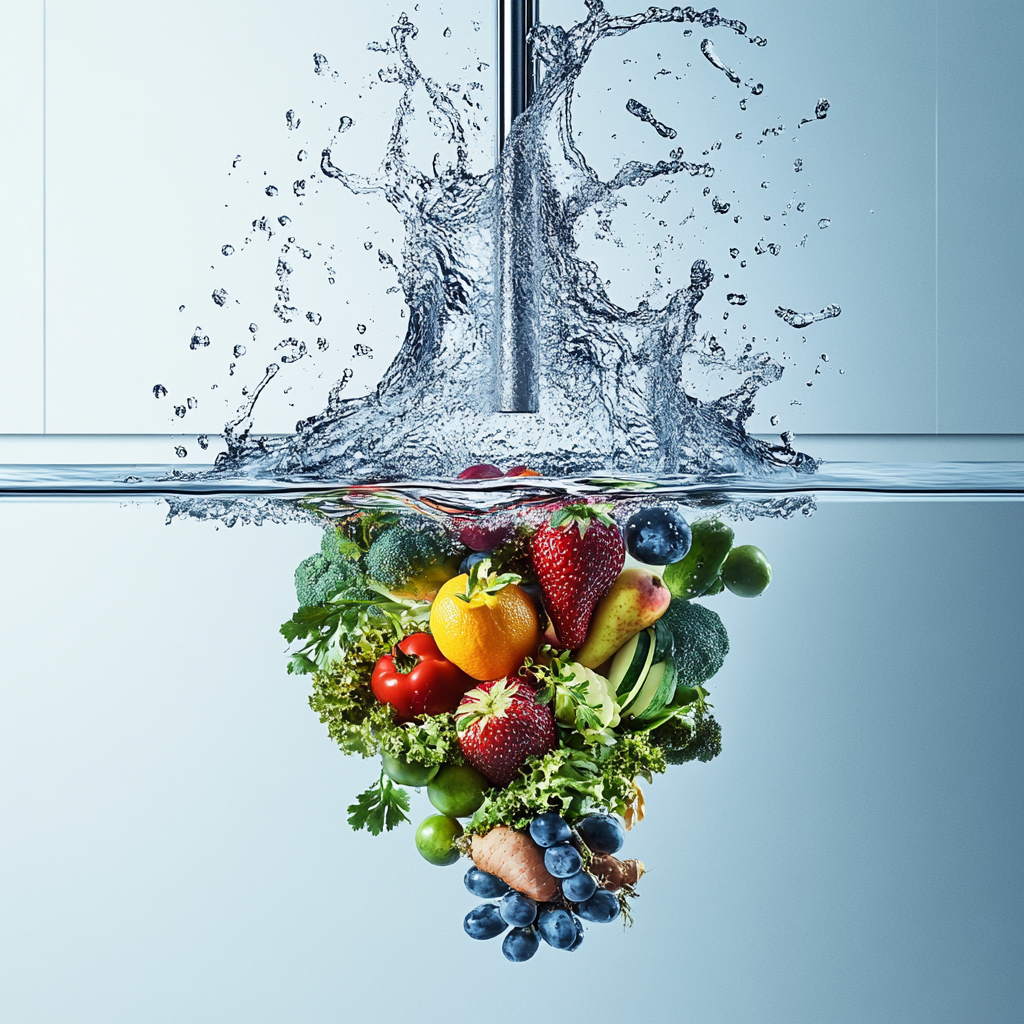 A vortex of water with mixed fruits and vegetables